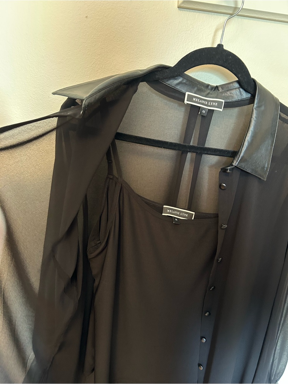 Melanie Lyne Sheer Black Blouse with Faux Leather Collar and camisole - Picture 2 of 5